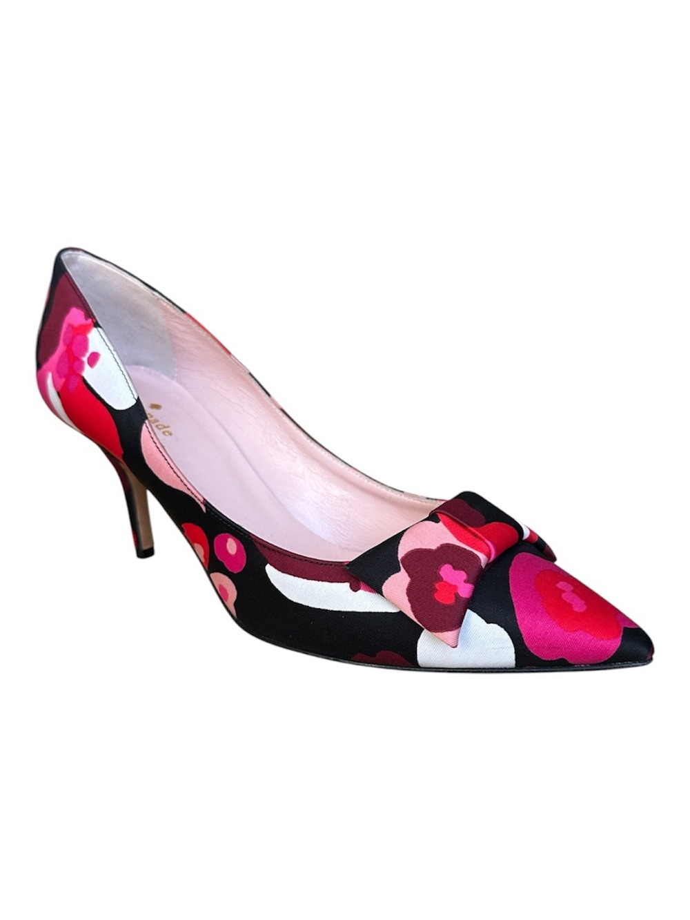 Kate Spade Juliette Floral Print Pointed Toe Pump in Pink and Black with Bow 10